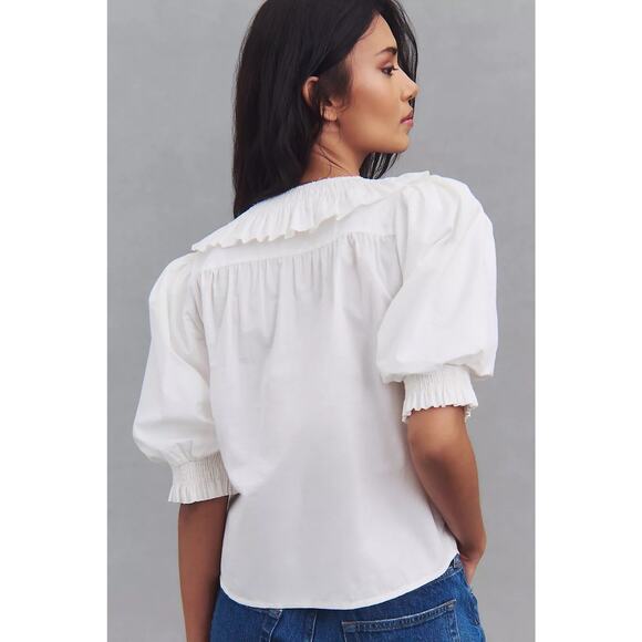 FOREVER THAT GIRL White Puff-Sleeve Ruffle Blouse Large Romantic Feminine Soft - Picture 9 of 10